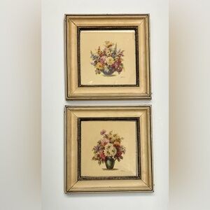 Pair of Vintage Floral Prints by M. Black,Framed Mid-Century Flower Bouquet